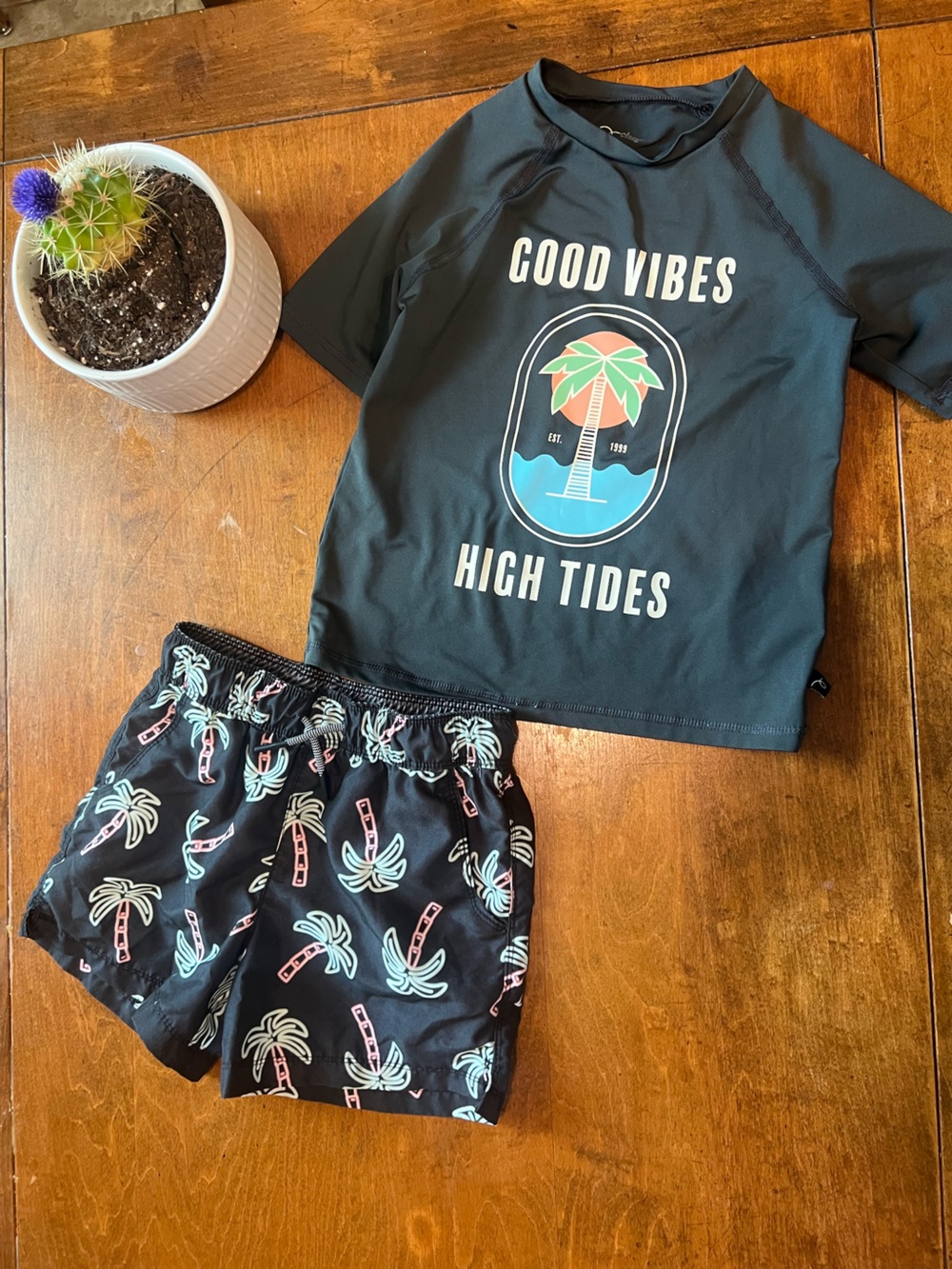 Art Class Good Vibes High Tides Rash Guard & Palm Tree Swim Trunks Set Boys 6/7